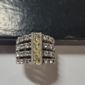 Silver Tone Multi-Row Ring with Yellow Center Stones